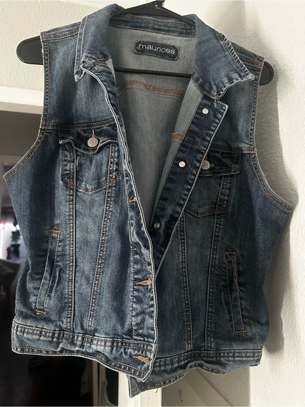 Maurices Cropped Washed Blue Denim Vest with Button Front